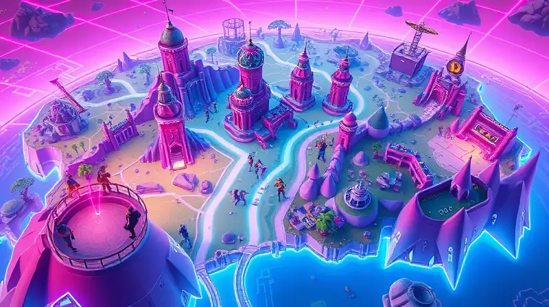 Mapa futurista Fortnite vibrante con equipo