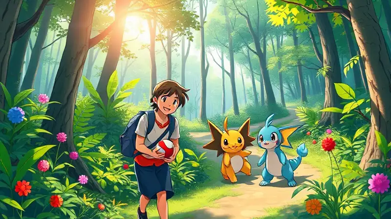 Entrenador recoge Poké Balls en bosque vibrante