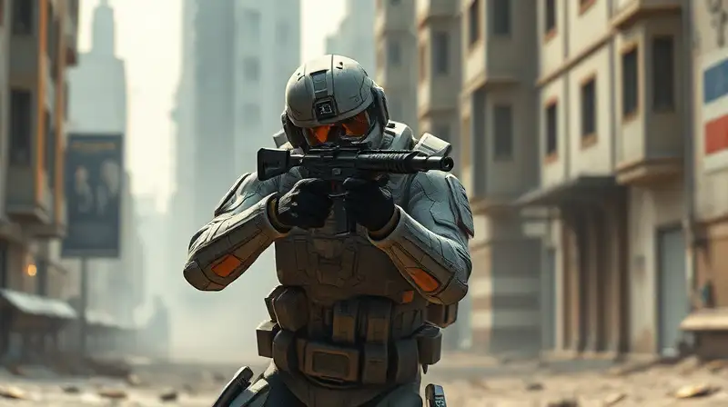 Soldado futurista armado en batalla urbana