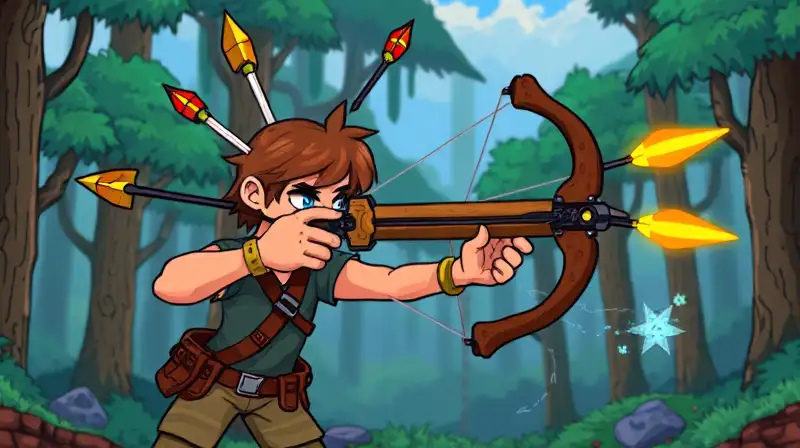 Personaje de Terraria disparando ballesta en bosque