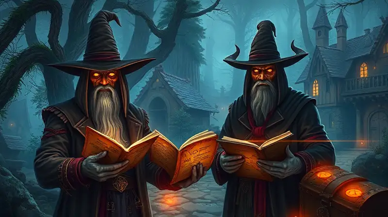 Personajes misteriosos y tesoros en bosque mágico