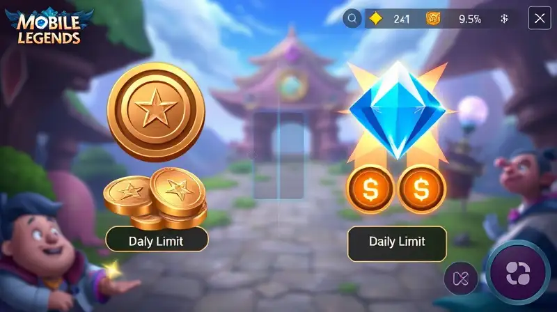 Interfaz colorida de Mobile Legends con monedas
