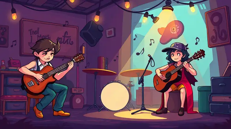Personajes indie pixelados tocando instrumentos vibrantes