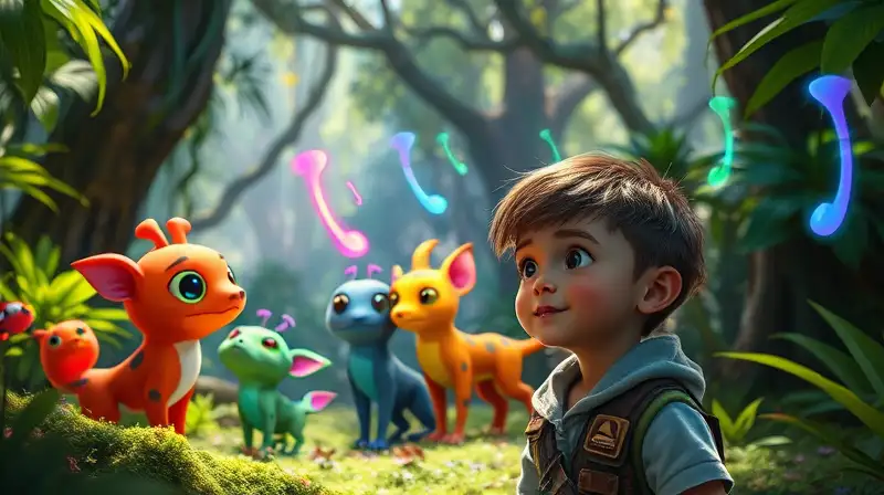 Criaturas coloridas emiten sonidos en bosque mágico