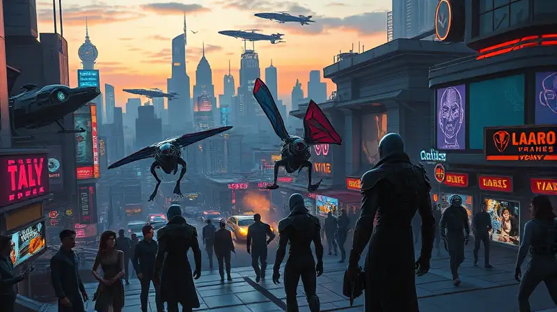 Ciudad futurista con humanos y criaturas biomecánicas
