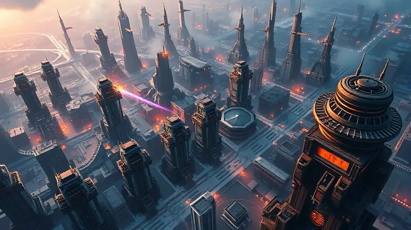 Ciudad futurista en defensa táctica estratégica