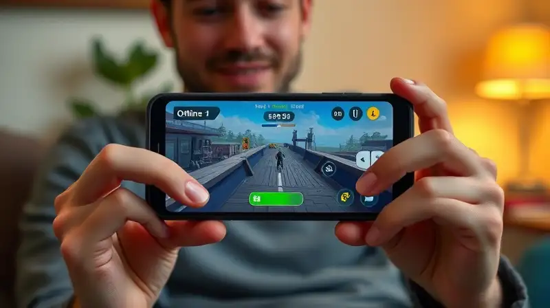 Persona jugando móvil offline en ambiente cálido