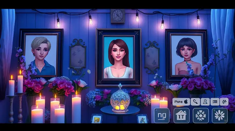 Altar virtual nostálgico con retratos pixelados