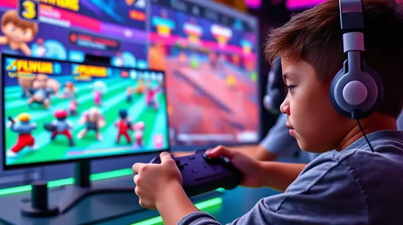 Joven gamer observa streaming vibrante de Brawl Stars