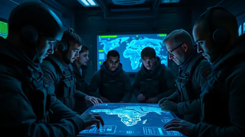 Soldados diversos planifican estrategia en holograma