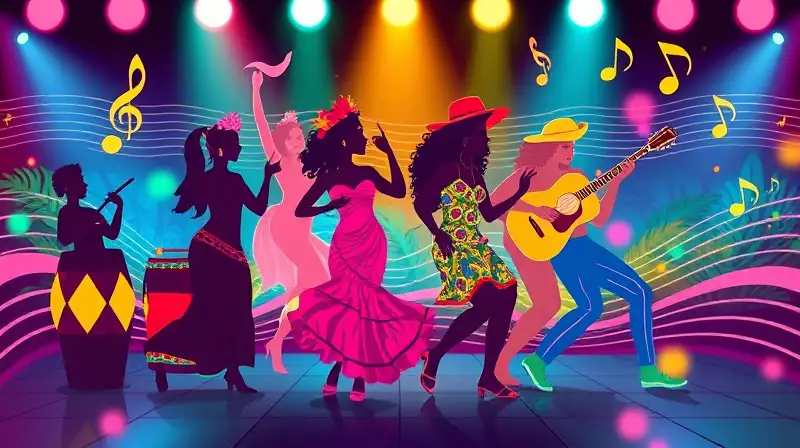 Íconos latinos vibrantes con ritmo festivo