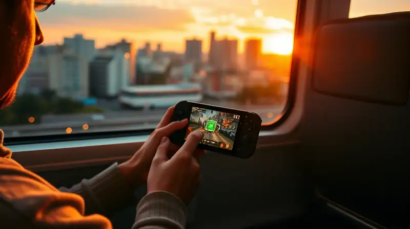 Persona juega consola en tren al atardecer