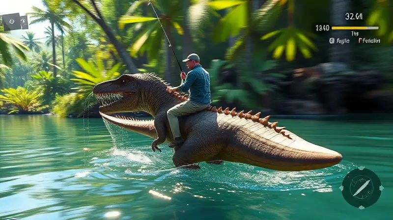 Jugador pesca montando dinosaurio en selva