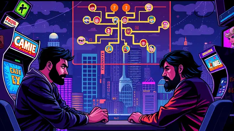 Dos jugadores debaten estrategias en arcade retro