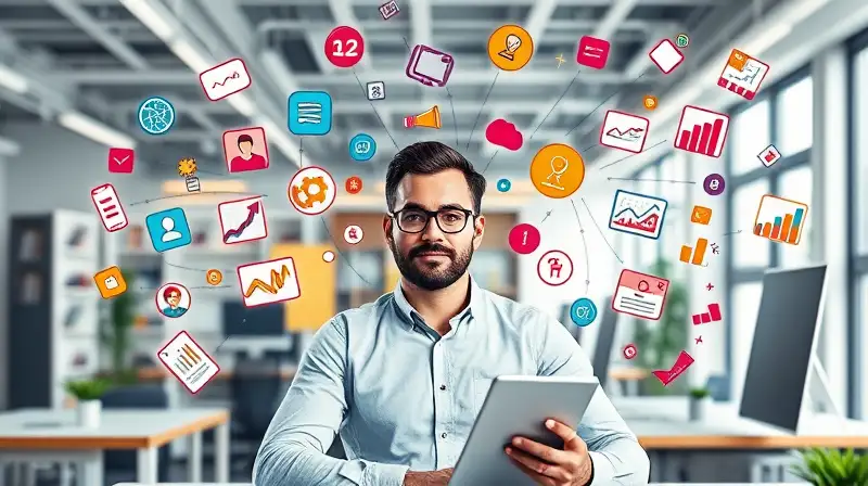 Profesional multitarea en moderno espacio dinámico