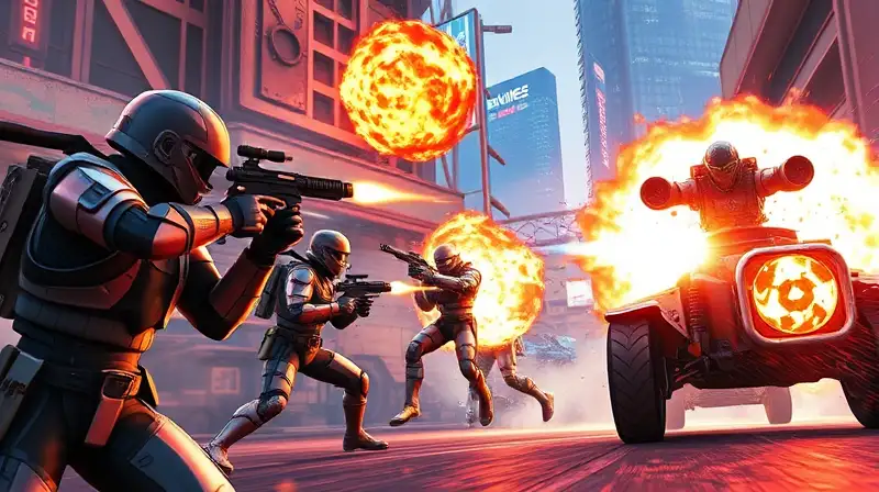 Batalla futurista intensa con armas y explosiones