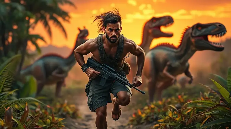 Superviviente musculoso corre entre dinosaurios