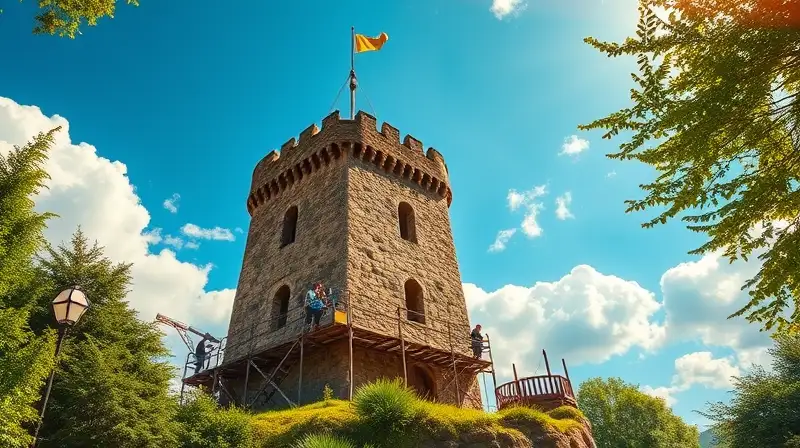 Torre medieval restaurada rodeada de naturaleza