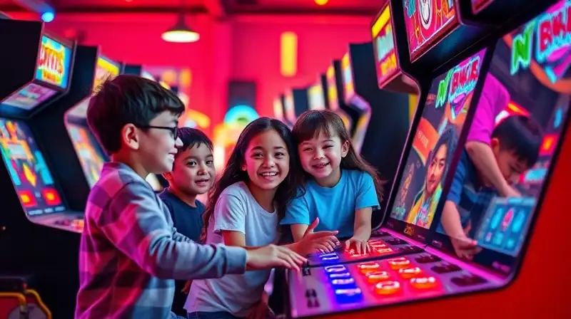 Niños juegan en arcade colaborando felices