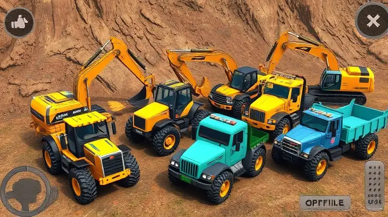 Vehículos de construcción coloridos en terreno rugoso