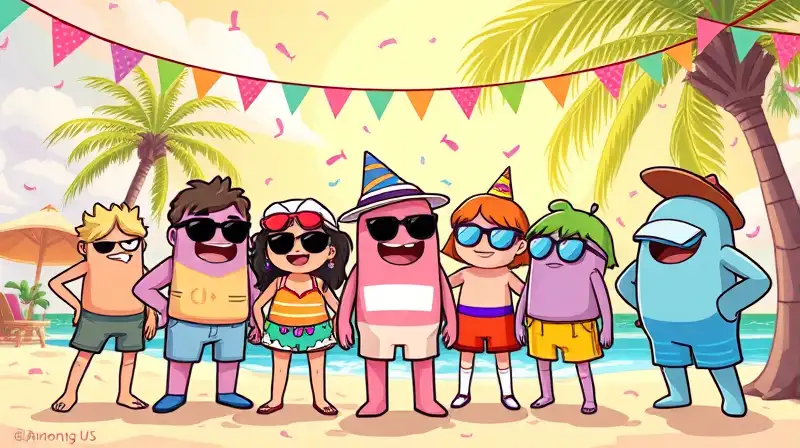 Personajes de Among Us en fiesta veraniega
