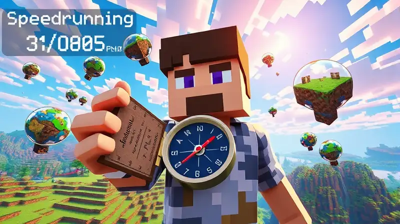 Jugador de Minecraft con brújula y mundos