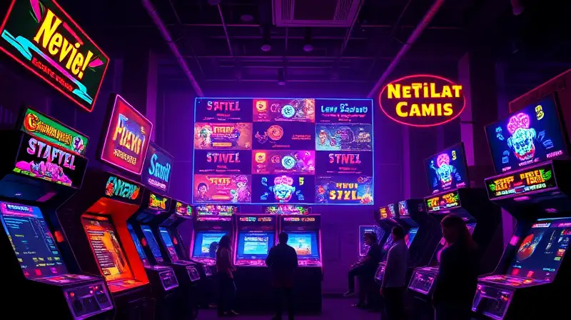 Máquina arcade neón con jugadores compitiendo