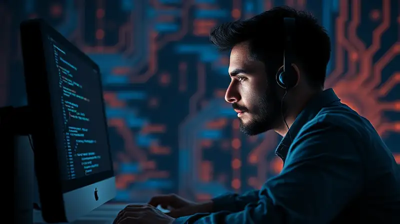 Programador solitario concentrado, código Rust brillante