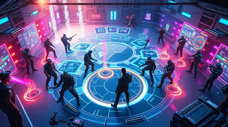 Arena futurista con personajes y tecnología avanzada