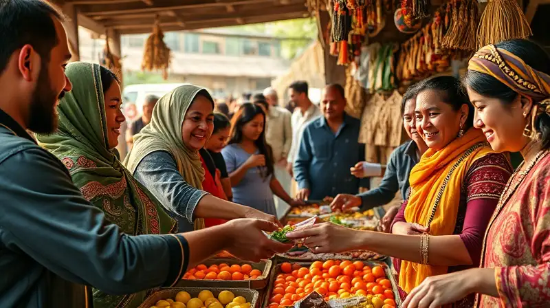 Personas intercambian productos en mercado vibrante