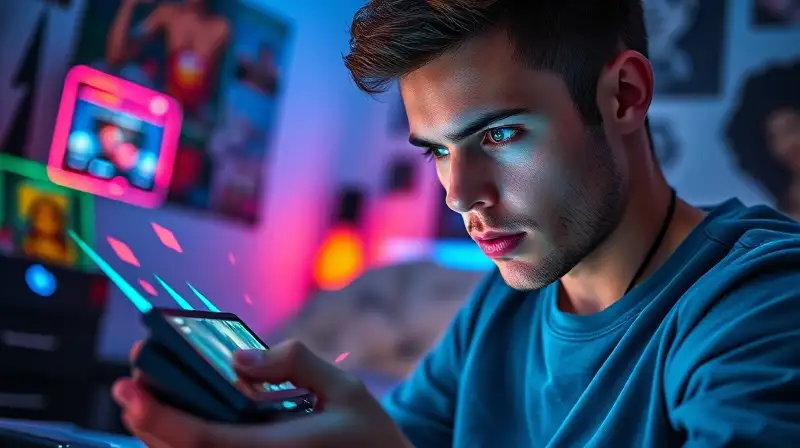 Gamer concentrado juega acción en consola portátil