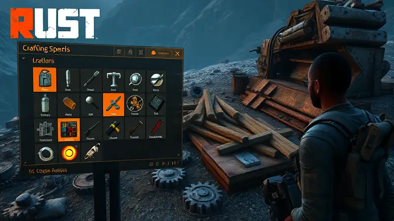 Interfaz Rust muestra menú de fabricación futurista