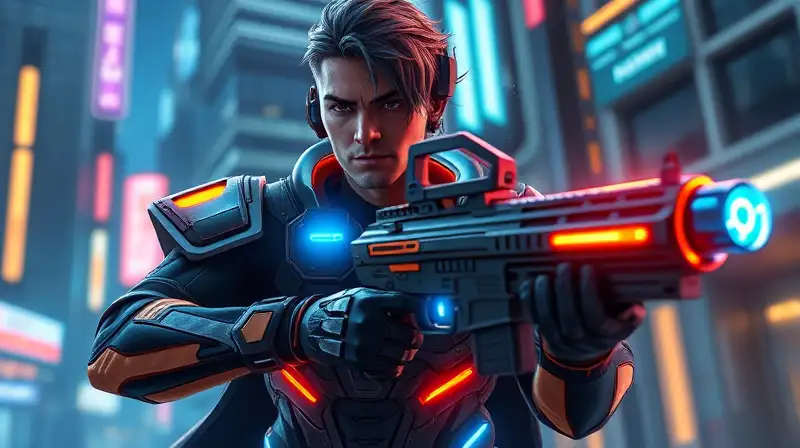 Personaje futurista con armas brillantes y estilo Valorant