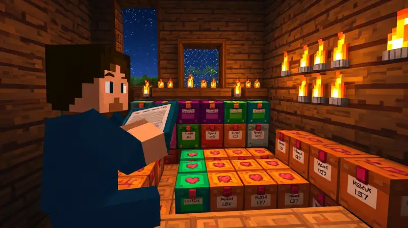 Jugador de Minecraft ordena cofres coloridos