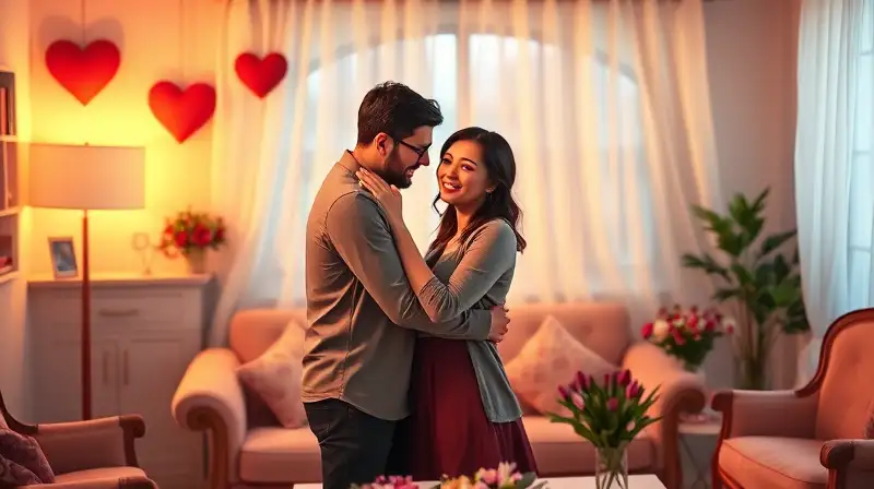 Pareja abrazada en sala romántica acogedora