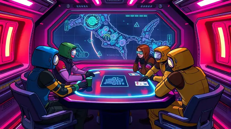 Tripulantes futuristas cooperan alrededor de mesa