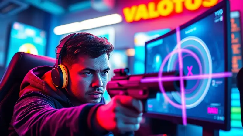 Gamer concentrado juega Valorant con tecnología futurista