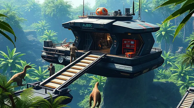 Base flotante futurista en jungla con dinosaurios
