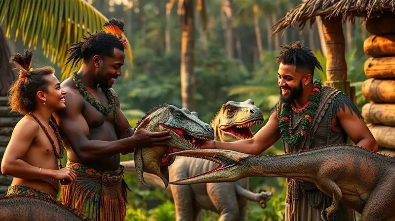 Miembros amigables intercambian dinosaurios en jungla