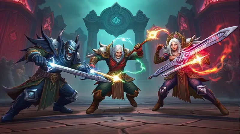 Tres personajes WoW luchan intensamente en arena