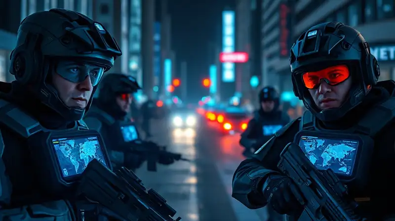 Soldados futuristas con HUD en batalla urbana