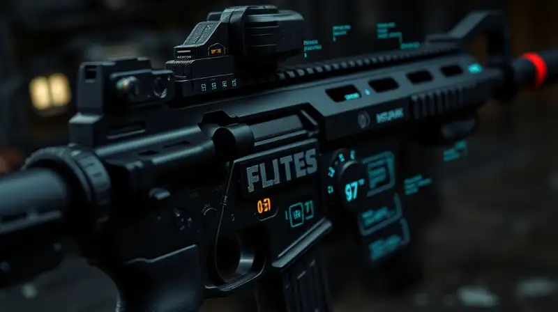 Rifle futurista detallado con interfaz táctica