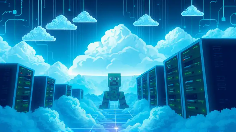 Servidores digitales con bloques flotantes brillan