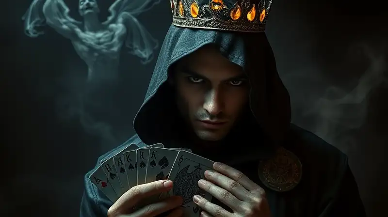 Figura encapuchada juega cartas en penumbra