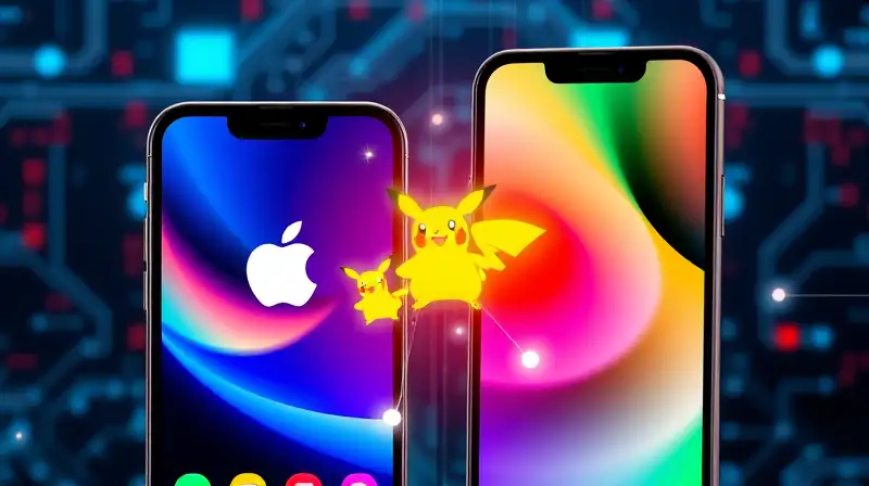 Dos smartphones conectados muestran íconos Pokémon
