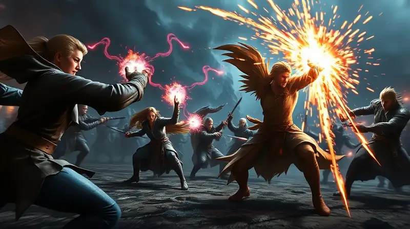 Escena dinámica de combate con efectos mágicos