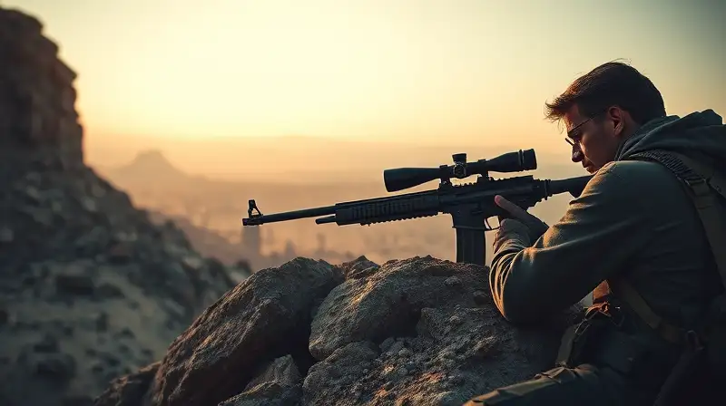 Francotirador en colina postapocalíptica al atardecer