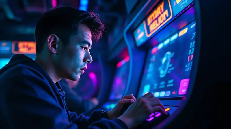 Gamer concentrado en arcade futurista iluminado
