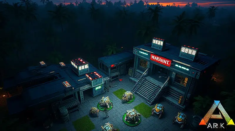 Base futurista con defensa automática y dinosaurios