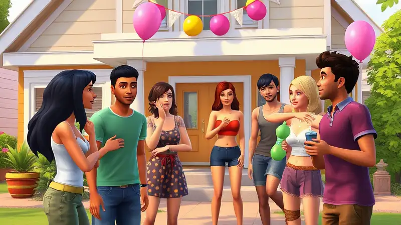 Personajes Sims sorprenden en fiesta colorida
